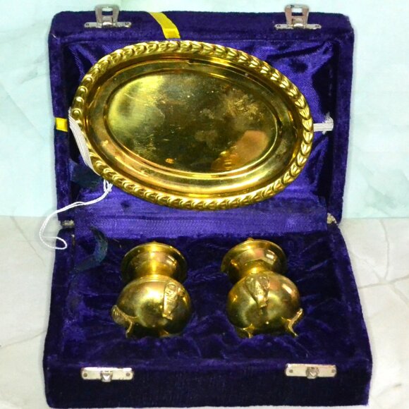 Shabbiria India Arts Other - Vintage Indian Brass Salt & Pepper Set w/ Tray  Cobra Feet  Velvet Box  Boho